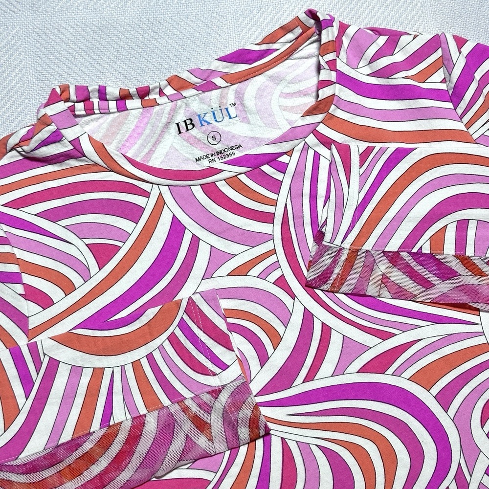IBKUL Top Womens Small Pink Abstract Swirl Print Mesh Performance UPF Cool Feel
